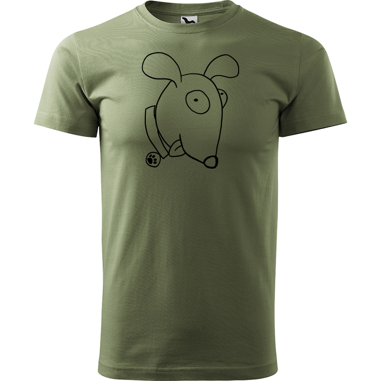 Ručně malované pánské bavlněné tričko - Crazy pes Barva trička: KHAKI, Velikost trička: M, Barva motivu: ČERNÁ