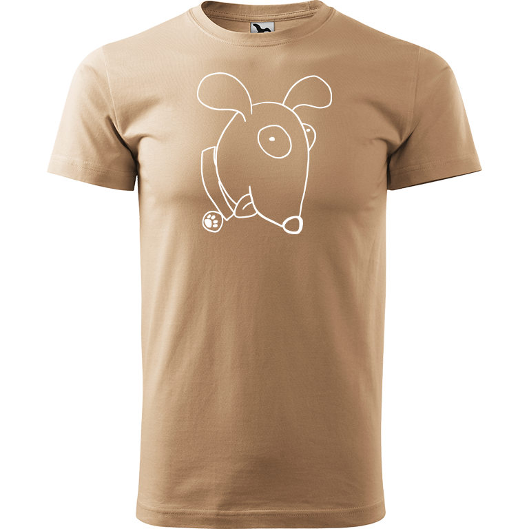 Ručně malované pánské bavlněné tričko - Crazy pes Barva trička: PÍSKOVÁ, Velikost trička: XL, Barva motivu: BÍLÁ