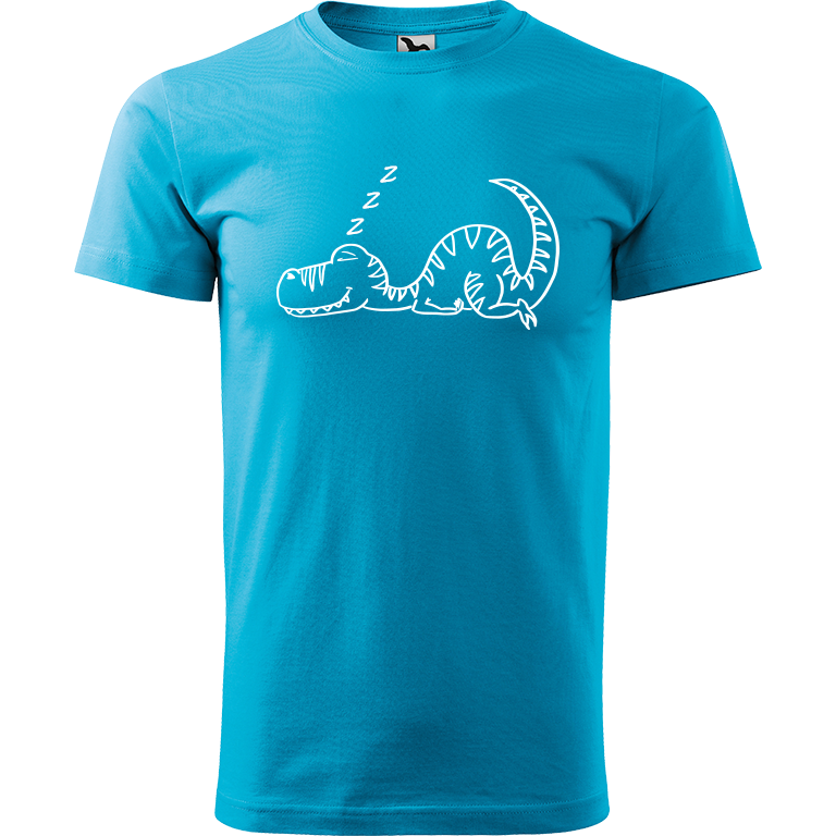 Ručně malované pánské bavlněné tričko - Dinosaurus spící Barva trička: TYRKYSOVÁ, Velikost trička: XS, Barva motivu: BÍLÁ
