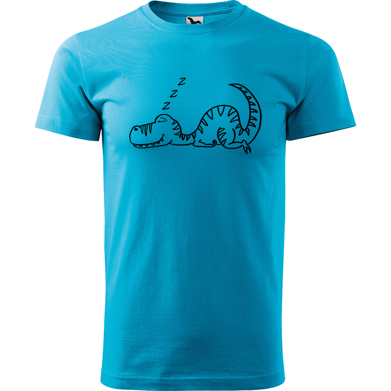 Ručně malované pánské bavlněné tričko - Dinosaurus spící Barva trička: TYRKYSOVÁ, Velikost trička: XS, Barva motivu: ČERNÁ