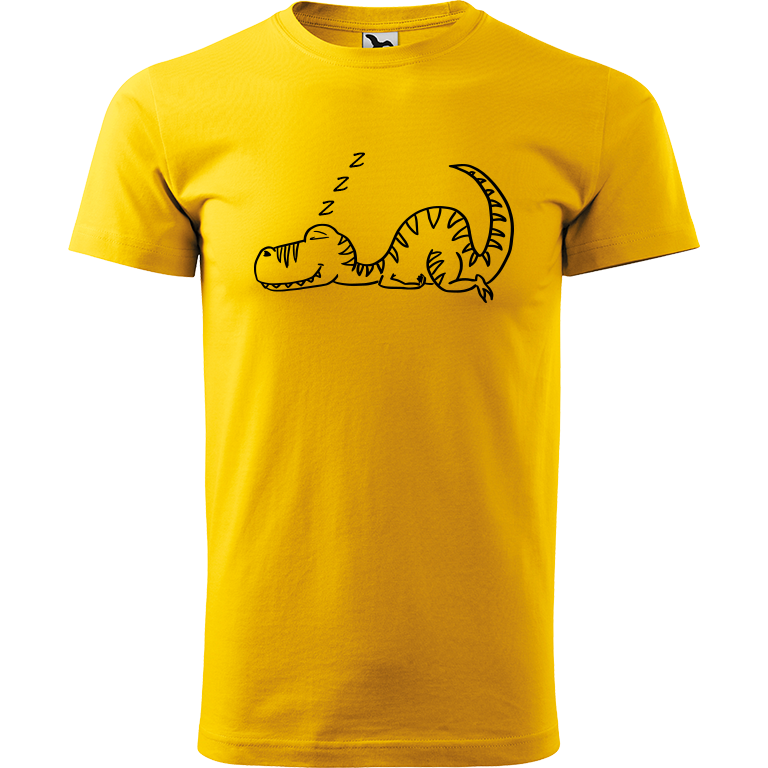 Ručně malované pánské bavlněné tričko - Dinosaurus spící Barva trička: ŽLUTÁ, Velikost trička: XXL, Barva motivu: ČERNÁ
