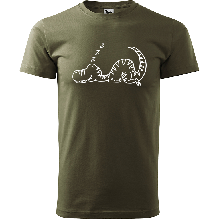 Ručně malované pánské bavlněné tričko - Dinosaurus spící Barva trička: ARMY, Velikost trička: XL, Barva motivu: BÍLÁ