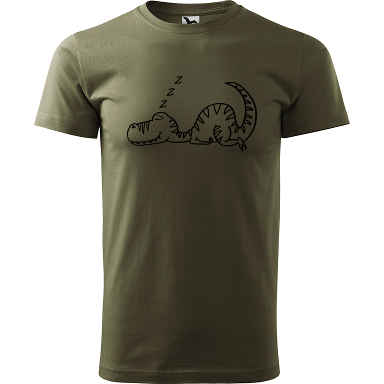 Ručně malované pánské bavlněné tričko - Dinosaurus spící Barva trička: ARMY, Velikost trička: S, Barva motivu: ČERNÁ