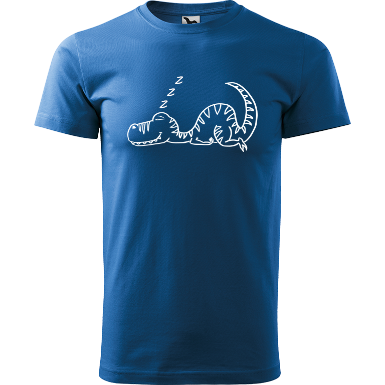 Ručně malované pánské bavlněné tričko - Dinosaurus spící Barva trička: AZUROVÁ, Velikost trička: XXL, Barva motivu: BÍLÁ
