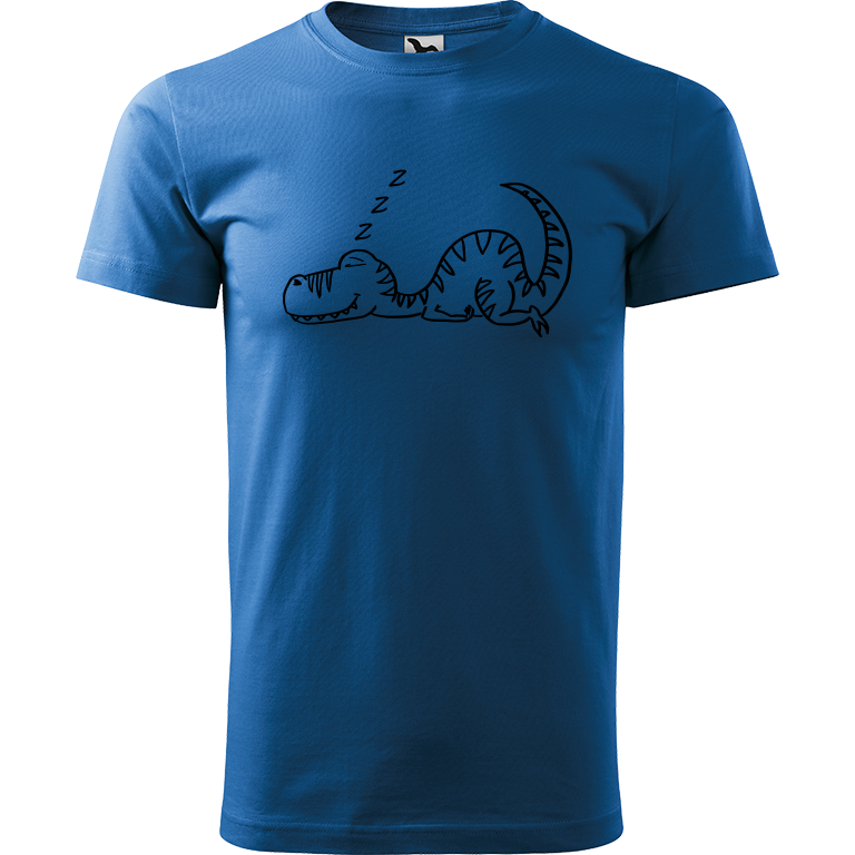 Ručně malované pánské bavlněné tričko - Dinosaurus spící Barva trička: AZUROVÁ, Velikost trička: XXL, Barva motivu: ČERNÁ
