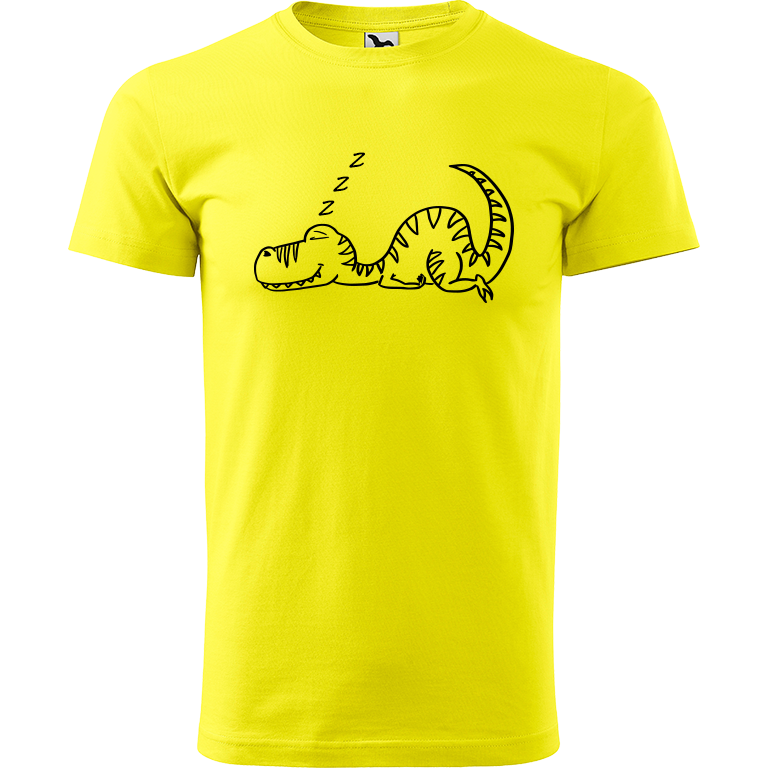 Ručně malované pánské bavlněné tričko - Dinosaurus spící Barva trička: CITRONOVÁ, Velikost trička: XXL, Barva motivu: ČERNÁ