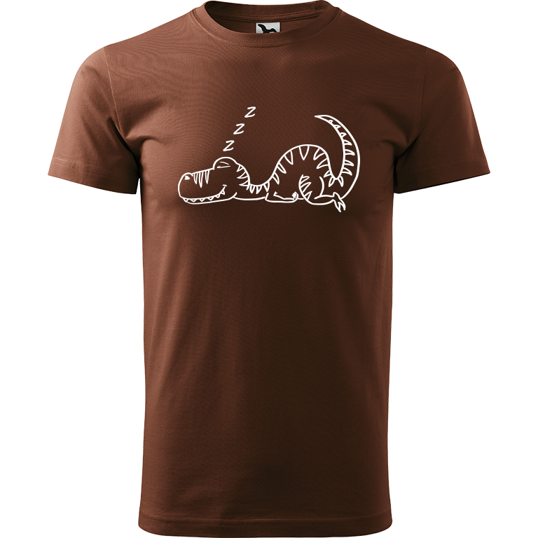 Ručně malované pánské bavlněné tričko - Dinosaurus spící Barva trička: ČOKOLÁDOVÁ, Velikost trička: L, Barva motivu: BÍLÁ