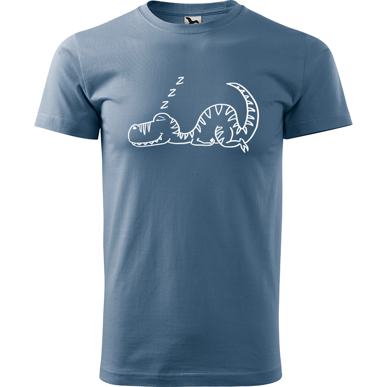 Ručně malované pánské bavlněné tričko - Dinosaurus spící Barva trička: DENIM, Velikost trička: L, Barva motivu: BÍLÁ