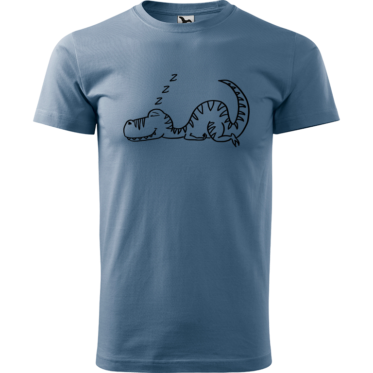 Ručně malované pánské bavlněné tričko - Dinosaurus spící Barva trička: DENIM, Velikost trička: XL, Barva motivu: ČERNÁ