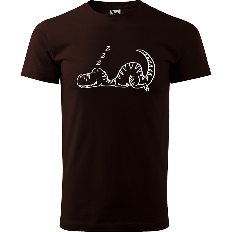 Ručně malované pánské bavlněné tričko - Dinosaurus spící Barva trička: KÁVOVÁ, Velikost trička: XL, Barva motivu: BÍLÁ
