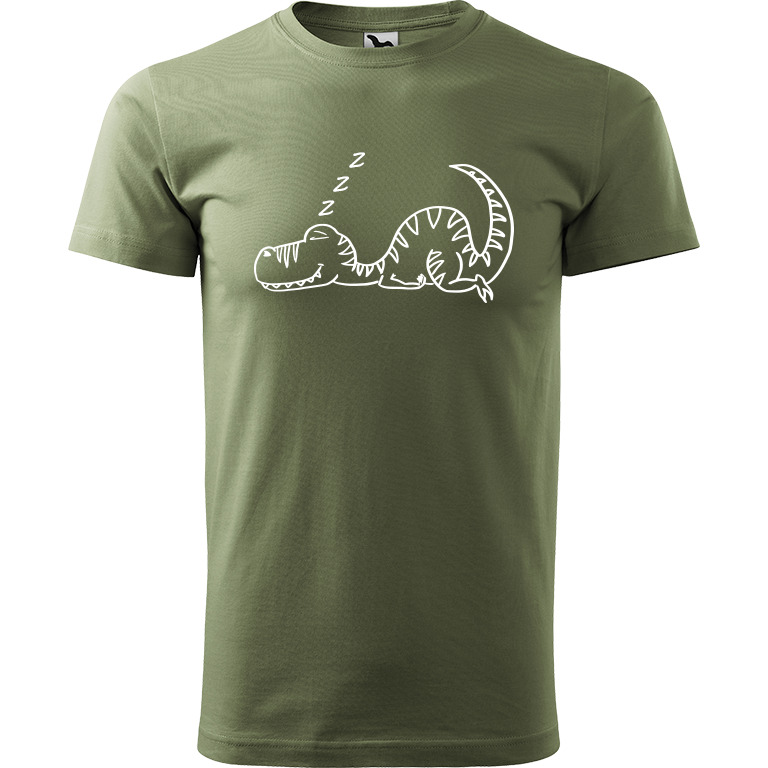 Ručně malované pánské bavlněné tričko - Dinosaurus spící Barva trička: KHAKI, Velikost trička: L, Barva motivu: BÍLÁ