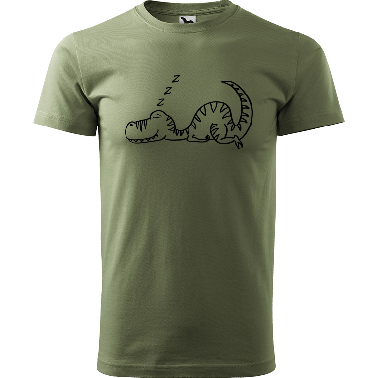 Ručně malované pánské bavlněné tričko - Dinosaurus spící Barva trička: KHAKI, Velikost trička: XS, Barva motivu: ČERNÁ