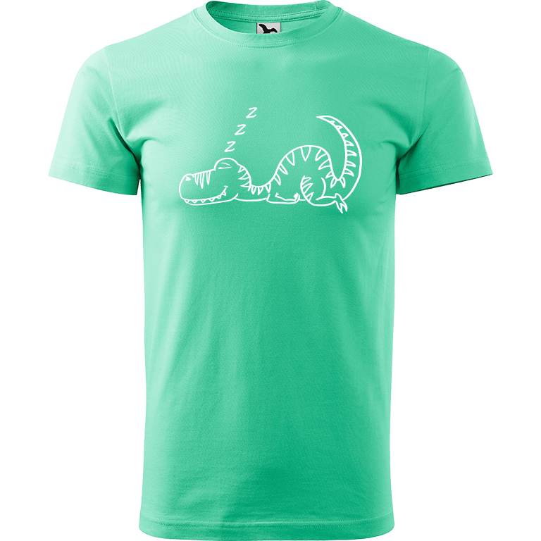 Ručně malované pánské bavlněné tričko - Dinosaurus spící Barva trička: MÁTOVÁ, Velikost trička: L, Barva motivu: BÍLÁ