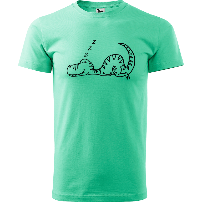Ručně malované pánské bavlněné tričko - Dinosaurus spící Barva trička: MÁTOVÁ, Velikost trička: M, Barva motivu: ČERNÁ
