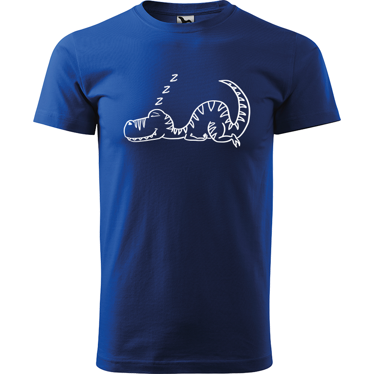 Ručně malované pánské bavlněné tričko - Dinosaurus spící Barva trička: MODRÁ, Velikost trička: XL, Barva motivu: BÍLÁ
