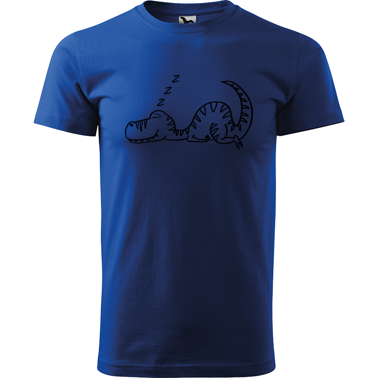 Ručně malované pánské bavlněné tričko - Dinosaurus spící Barva trička: MODRÁ, Velikost trička: XXL, Barva motivu: ČERNÁ