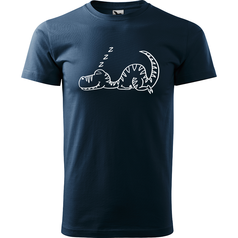 Ručně malované pánské bavlněné tričko - Dinosaurus spící Barva trička: NÁMOŘNICKÁ MODRÁ, Velikost trička: L, Barva motivu: BÍLÁ