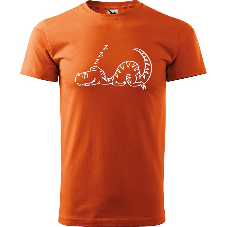 Ručně malované pánské bavlněné tričko - Dinosaurus spící Barva trička: ORANŽOVÁ, Velikost trička: L, Barva motivu: BÍLÁ