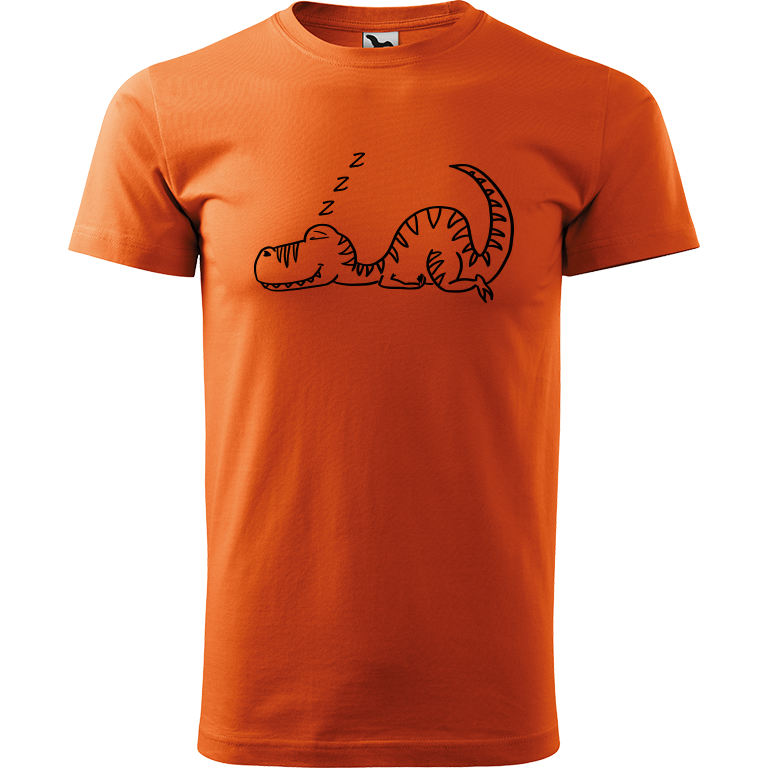 Ručně malované pánské bavlněné tričko - Dinosaurus spící Barva trička: ORANŽOVÁ, Velikost trička: L, Barva motivu: ČERNÁ