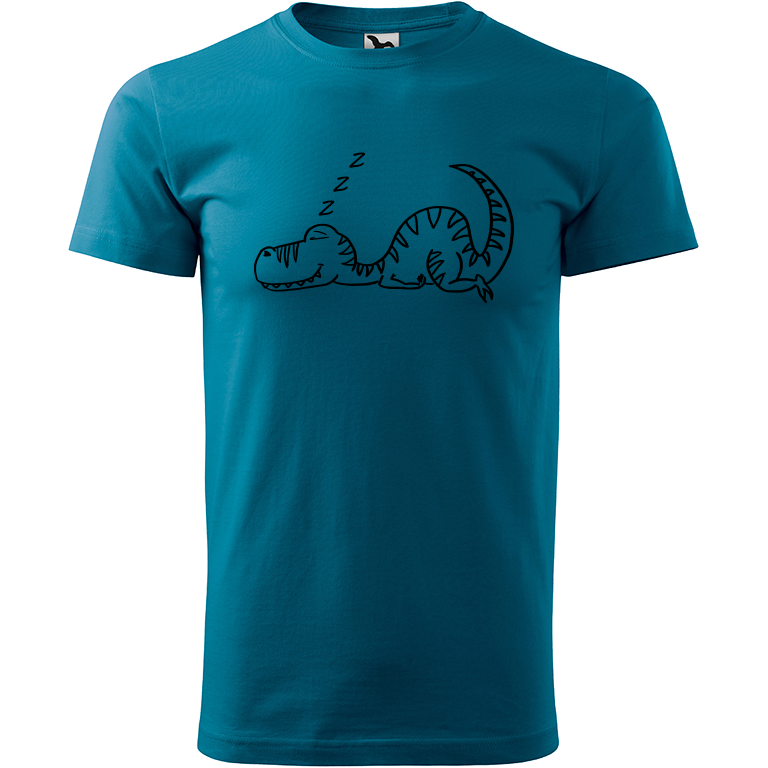 Ručně malované pánské bavlněné tričko - Dinosaurus spící Barva trička: PETROLEJOVÁ, Velikost trička: M, Barva motivu: ČERNÁ