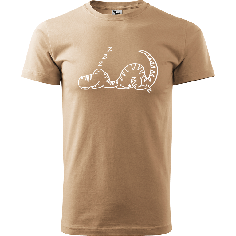 Ručně malované pánské bavlněné tričko - Dinosaurus spící Barva trička: PÍSKOVÁ, Velikost trička: XL, Barva motivu: BÍLÁ