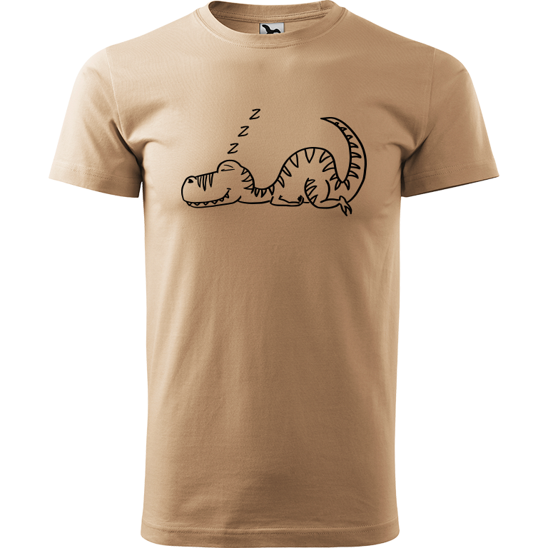 Ručně malované pánské bavlněné tričko - Dinosaurus spící Barva trička: PÍSKOVÁ, Velikost trička: XL, Barva motivu: ČERNÁ