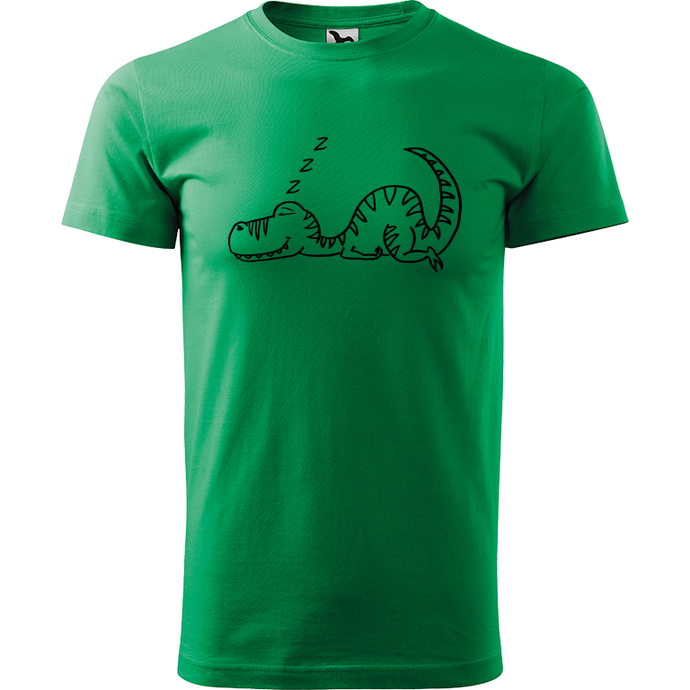 Ručně malované pánské bavlněné tričko - Dinosaurus spící Barva trička: STŘEDNĚ ZELENÁ, Velikost trička: M, Barva motivu: ČERNÁ