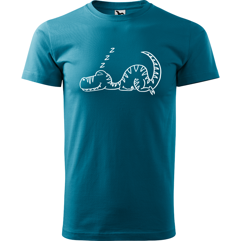 Ručně malované pánské bavlněné tričko - Dinosaurus spící Barva trička: TMAVĚ TYRKYSOVÁ, Velikost trička: M, Barva motivu: BÍLÁ