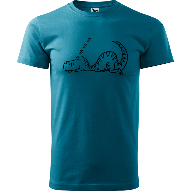 Ručně malované pánské bavlněné tričko - Dinosaurus spící Barva trička: TMAVĚ TYRKYSOVÁ, Velikost trička: XXL, Barva motivu: ČERNÁ