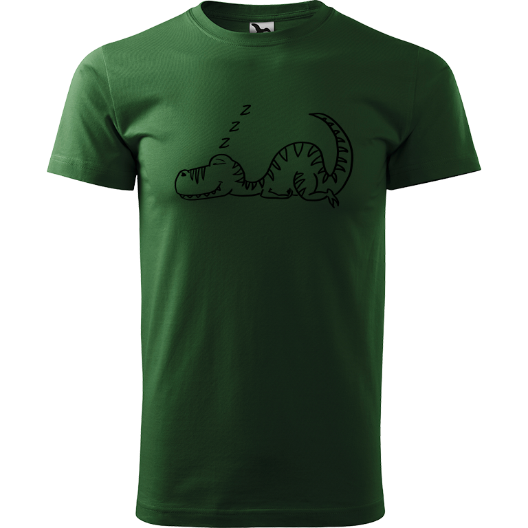 Ručně malované pánské bavlněné tričko - Dinosaurus spící Barva trička: TMAVĚ ZELENÁ, Velikost trička: XL, Barva motivu: ČERNÁ