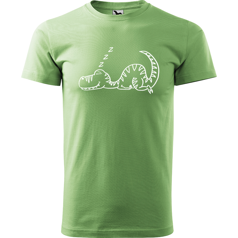 Ručně malované pánské bavlněné tričko - Dinosaurus spící Barva trička: TRÁVOVĚ ZELENÁ, Velikost trička: M, Barva motivu: BÍLÁ