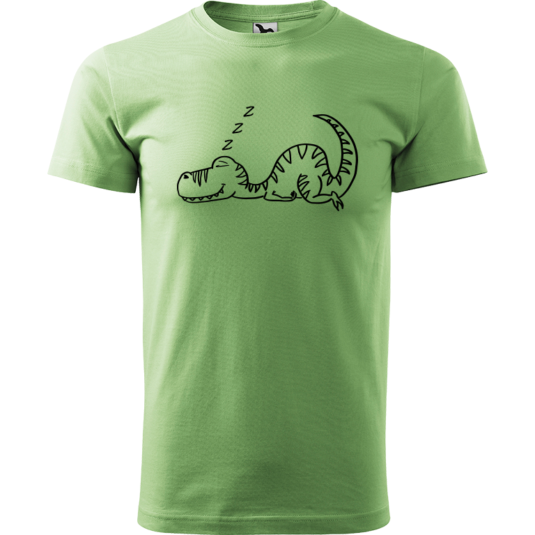 Ručně malované pánské bavlněné tričko - Dinosaurus spící Barva trička: TRÁVOVĚ ZELENÁ, Velikost trička: M, Barva motivu: ČERNÁ