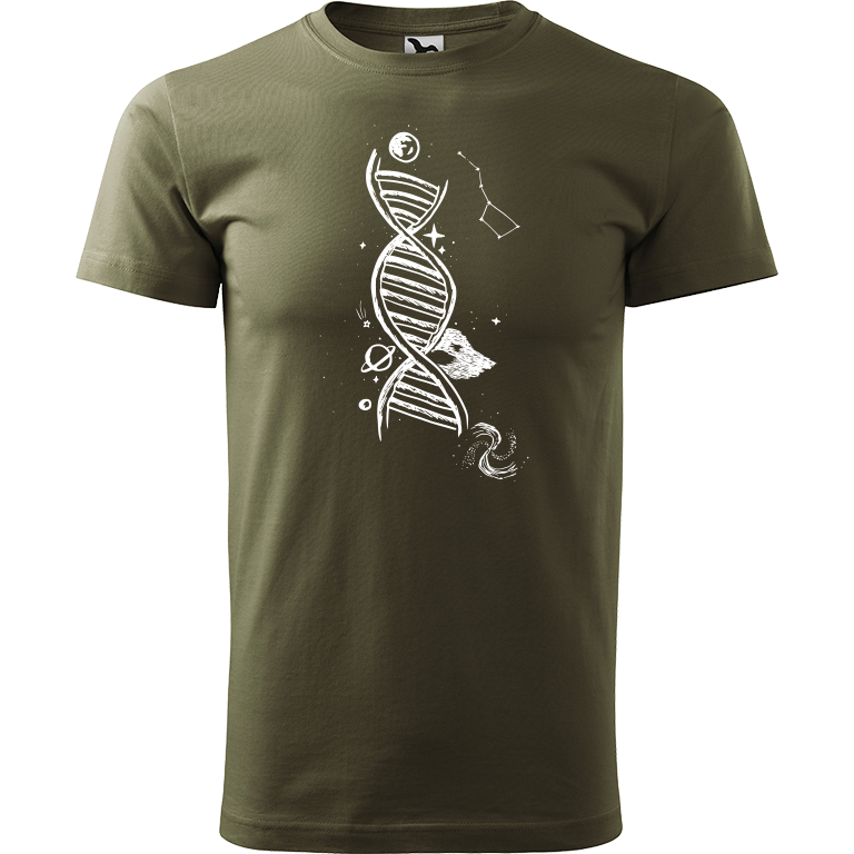 Ručně malované pánské bavlněné tričko - DNA Barva trička: ARMY, Velikost trička: L, Barva motivu: BÍLÁ