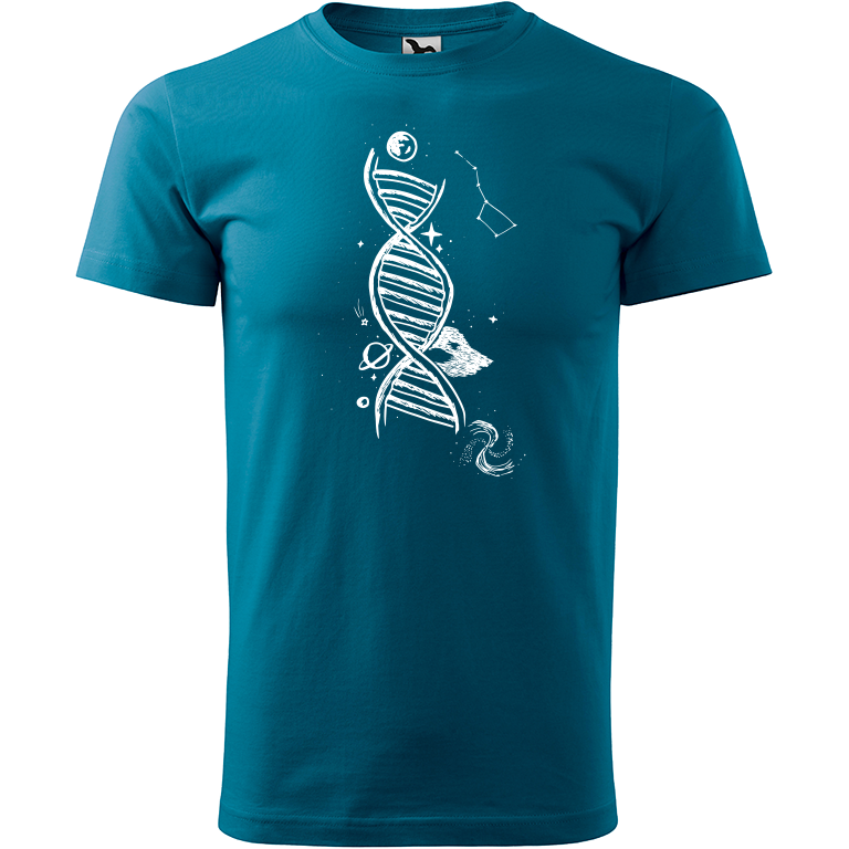 Ručně malované pánské bavlněné tričko - DNA Barva trička: PETROLEJOVÁ, Velikost trička: XL, Barva motivu: BÍLÁ