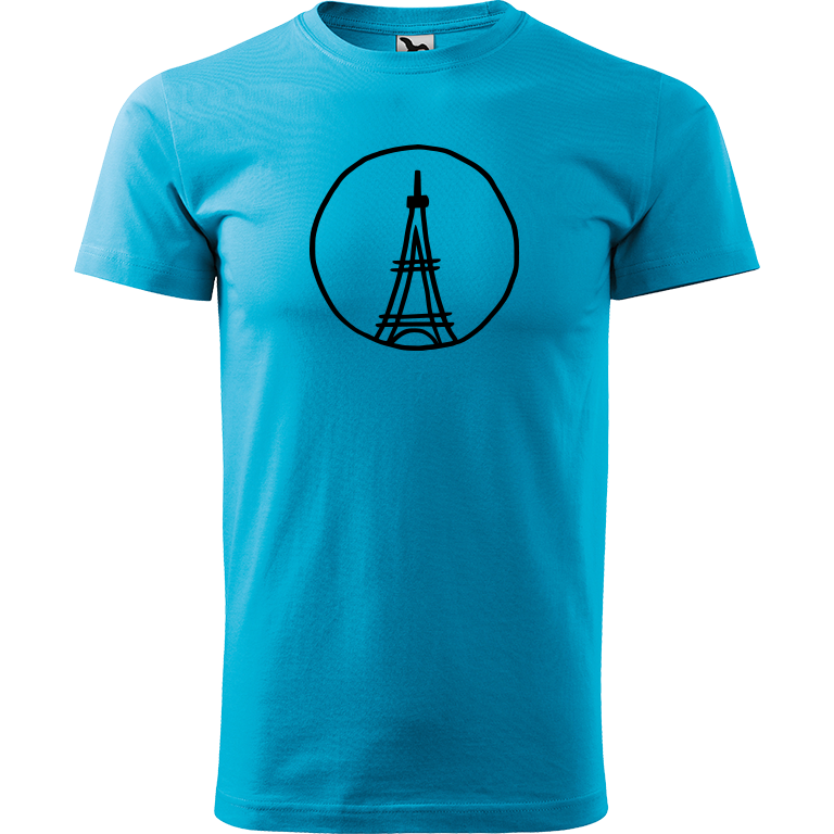 Ručně malované pánské bavlněné tričko - Eiffellova věž Barva trička: TYRKYSOVÁ, Velikost trička: S, Barva motivu: ČERNÁ