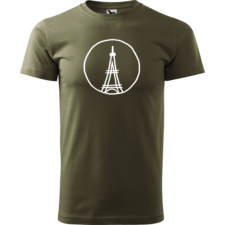 Ručně malované pánské bavlněné tričko - Eiffellova věž Barva trička: ARMY, Velikost trička: XL, Barva motivu: BÍLÁ