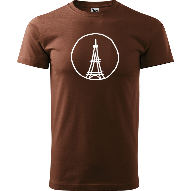 Ručně malované pánské bavlněné tričko - Eiffellova věž Barva trička: ČOKOLÁDOVÁ, Velikost trička: L, Barva motivu: BÍLÁ