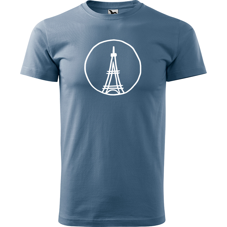 Ručně malované pánské bavlněné tričko - Eiffellova věž Barva trička: DENIM, Velikost trička: XL, Barva motivu: BÍLÁ