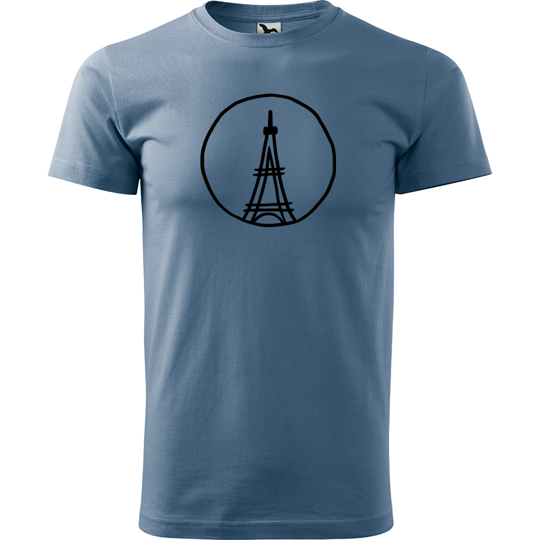 Ručně malované pánské bavlněné tričko - Eiffellova věž Barva trička: DENIM, Velikost trička: L, Barva motivu: ČERNÁ