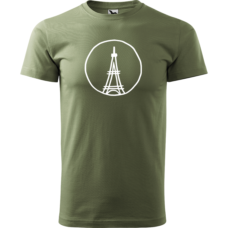 Ručně malované pánské bavlněné tričko - Eiffellova věž Barva trička: KHAKI, Velikost trička: M, Barva motivu: BÍLÁ