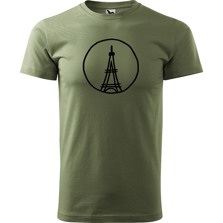 Ručně malované pánské bavlněné tričko - Eiffellova věž Barva trička: KHAKI, Velikost trička: XS, Barva motivu: ČERNÁ