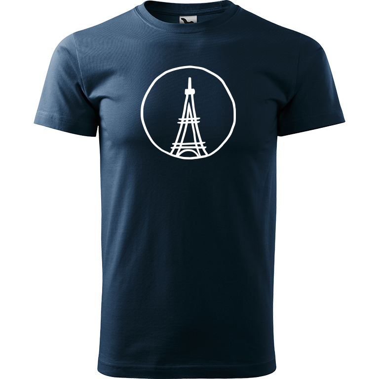 Ručně malované pánské bavlněné tričko - Eiffellova věž Barva trička: NÁMOŘNICKÁ MODRÁ, Velikost trička: L, Barva motivu: BÍLÁ
