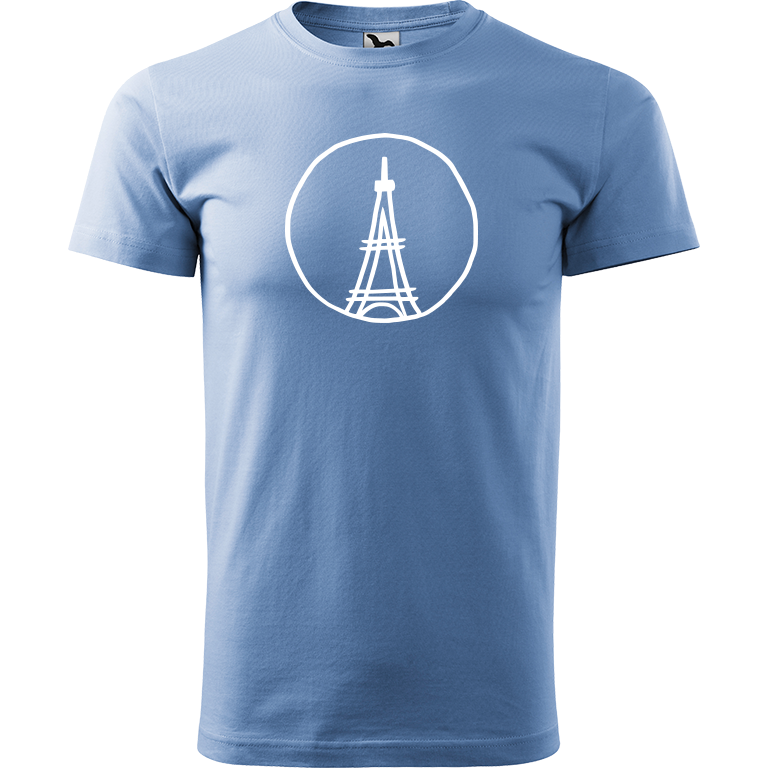 Ručně malované pánské bavlněné tričko - Eiffellova věž Barva trička: NEBESKY MODRÁ, Velikost trička: S, Barva motivu: BÍLÁ