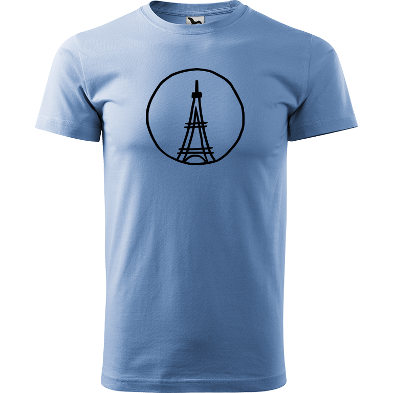 Ručně malované pánské bavlněné tričko - Eiffellova věž Barva trička: NEBESKY MODRÁ, Velikost trička: L, Barva motivu: ČERNÁ