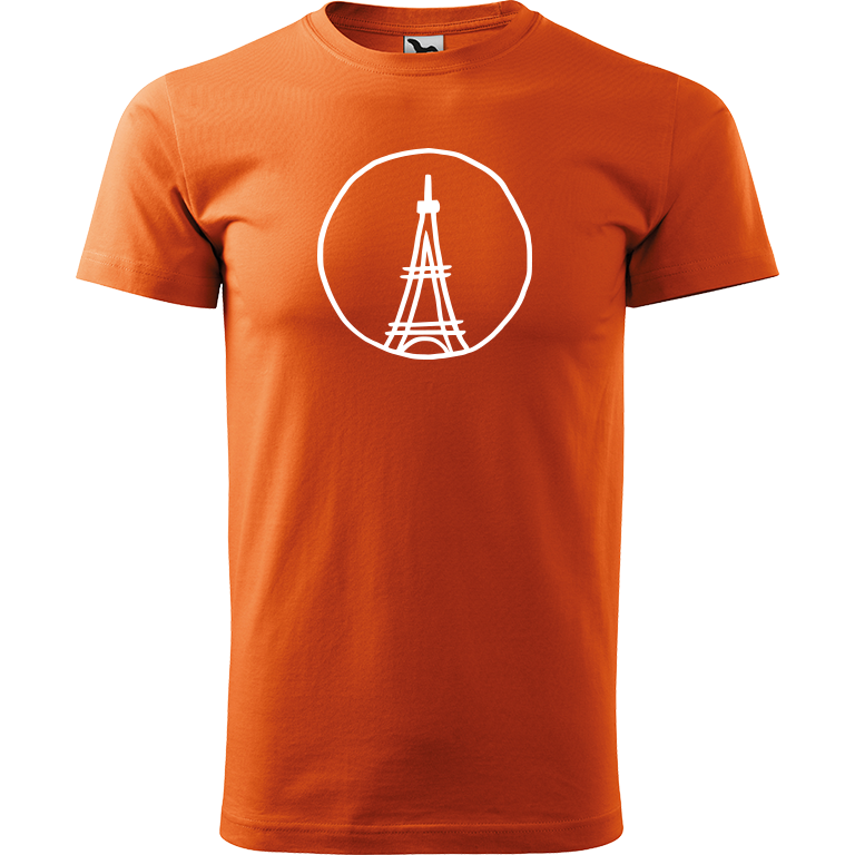 Ručně malované pánské bavlněné tričko - Eiffellova věž Barva trička: ORANŽOVÁ, Velikost trička: L, Barva motivu: BÍLÁ