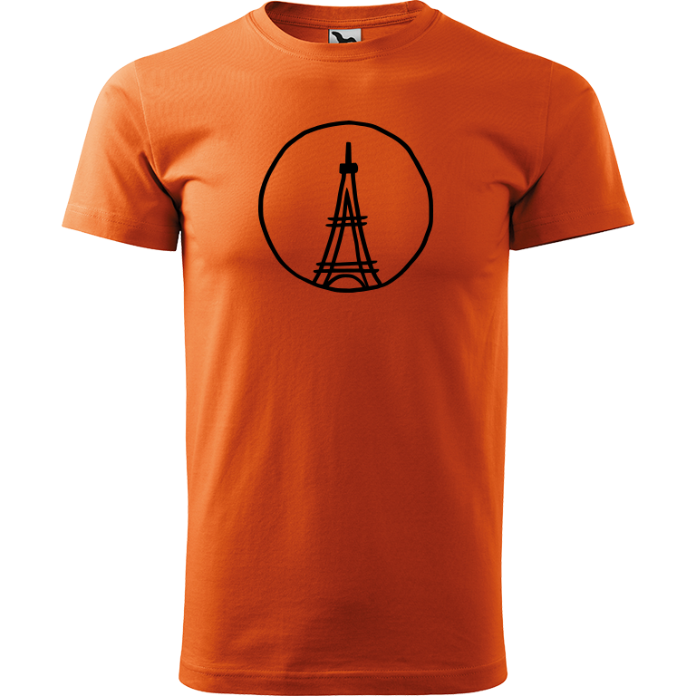 Ručně malované pánské bavlněné tričko - Eiffellova věž Barva trička: ORANŽOVÁ, Velikost trička: XXL, Barva motivu: ČERNÁ