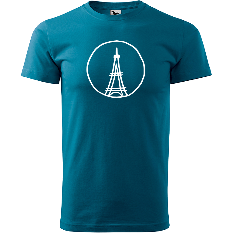 Ručně malované pánské bavlněné tričko - Eiffellova věž Barva trička: PETROLEJOVÁ, Velikost trička: M, Barva motivu: BÍLÁ