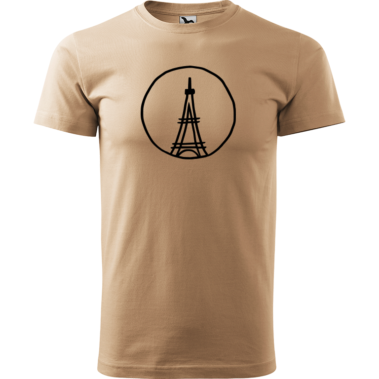 Ručně malované pánské bavlněné tričko - Eiffellova věž Barva trička: PÍSKOVÁ, Velikost trička: XXL, Barva motivu: ČERNÁ