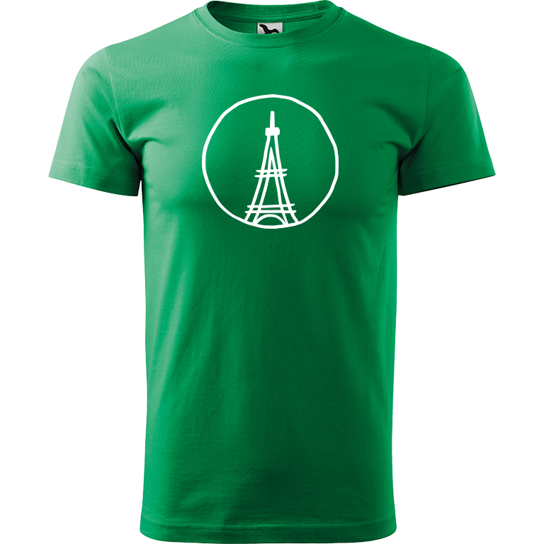 Ručně malované pánské bavlněné tričko - Eiffellova věž Barva trička: STŘEDNĚ ZELENÁ, Velikost trička: XS, Barva motivu: BÍLÁ