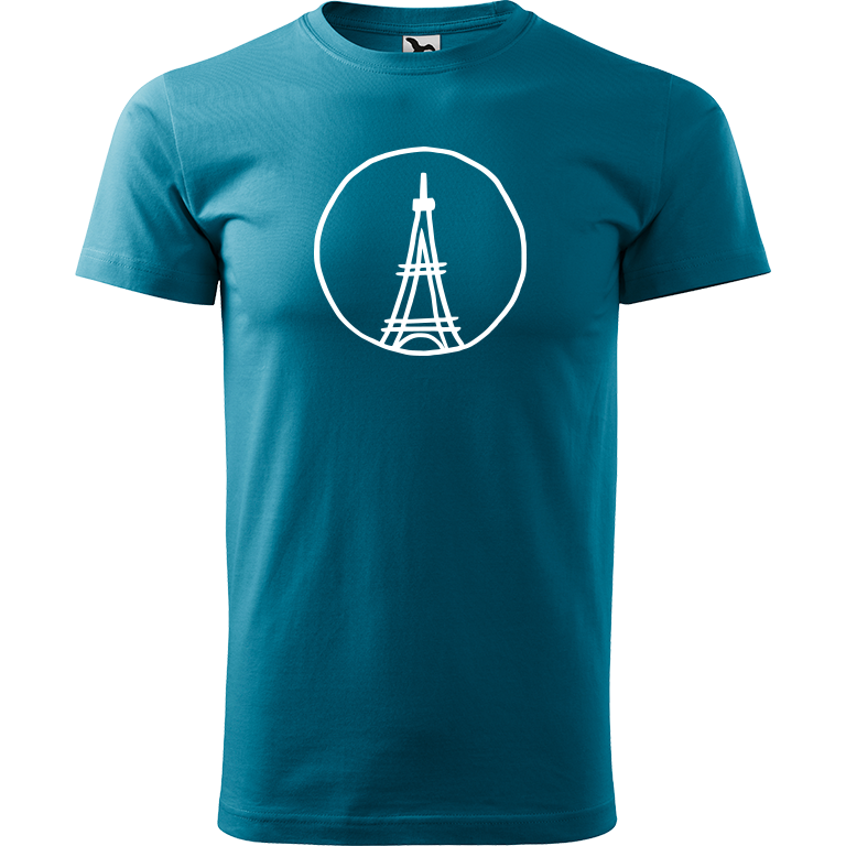 Ručně malované pánské bavlněné tričko - Eiffellova věž Barva trička: TMAVĚ TYRKYSOVÁ, Velikost trička: M, Barva motivu: BÍLÁ